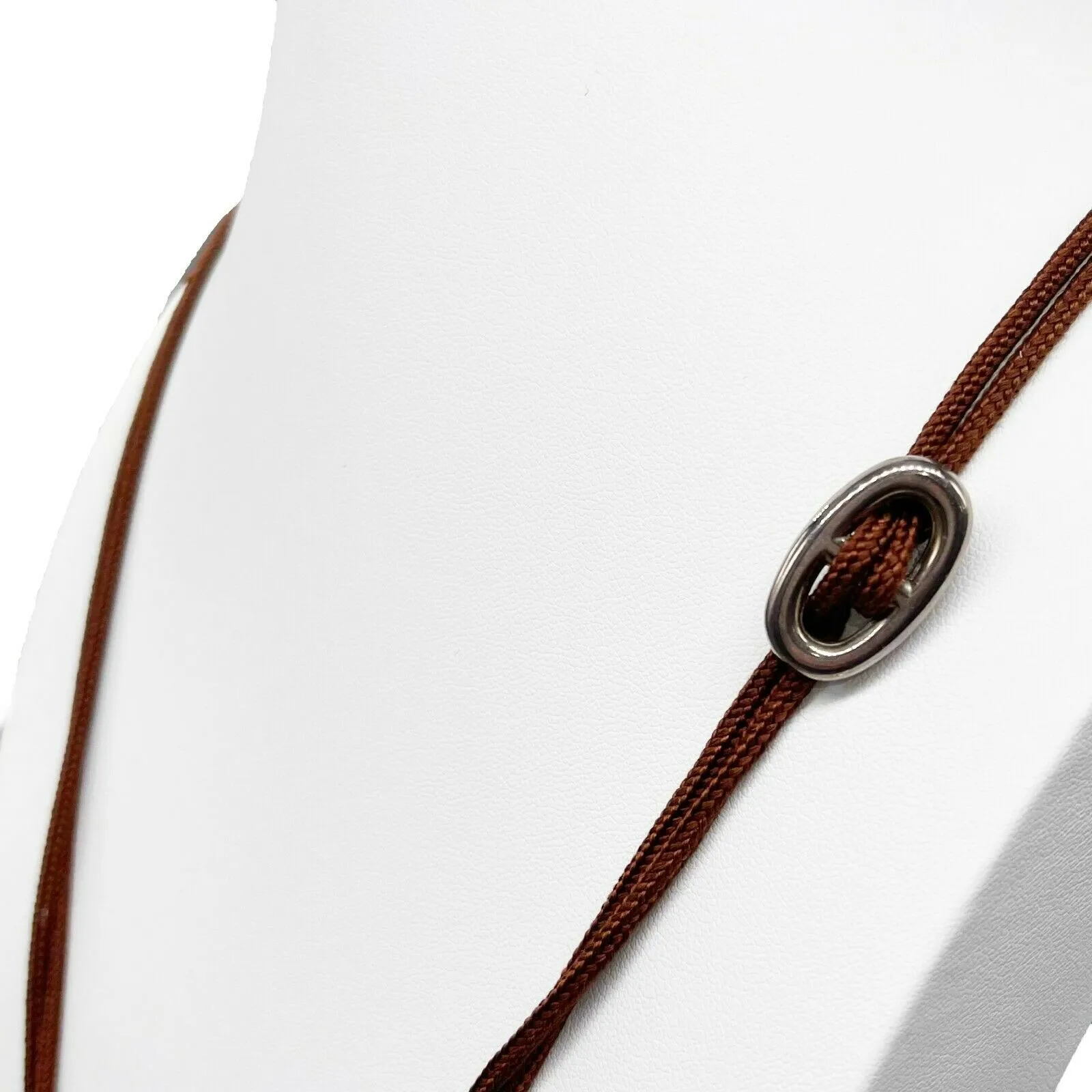 Hermes - Brown Rope Necklace - Skipper Double Wrap - Circle Bar - Silver
