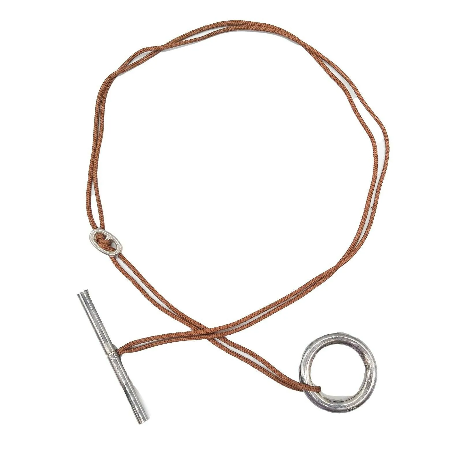 Hermes - Brown Rope Necklace - Skipper Double Wrap - Circle Bar - Silver