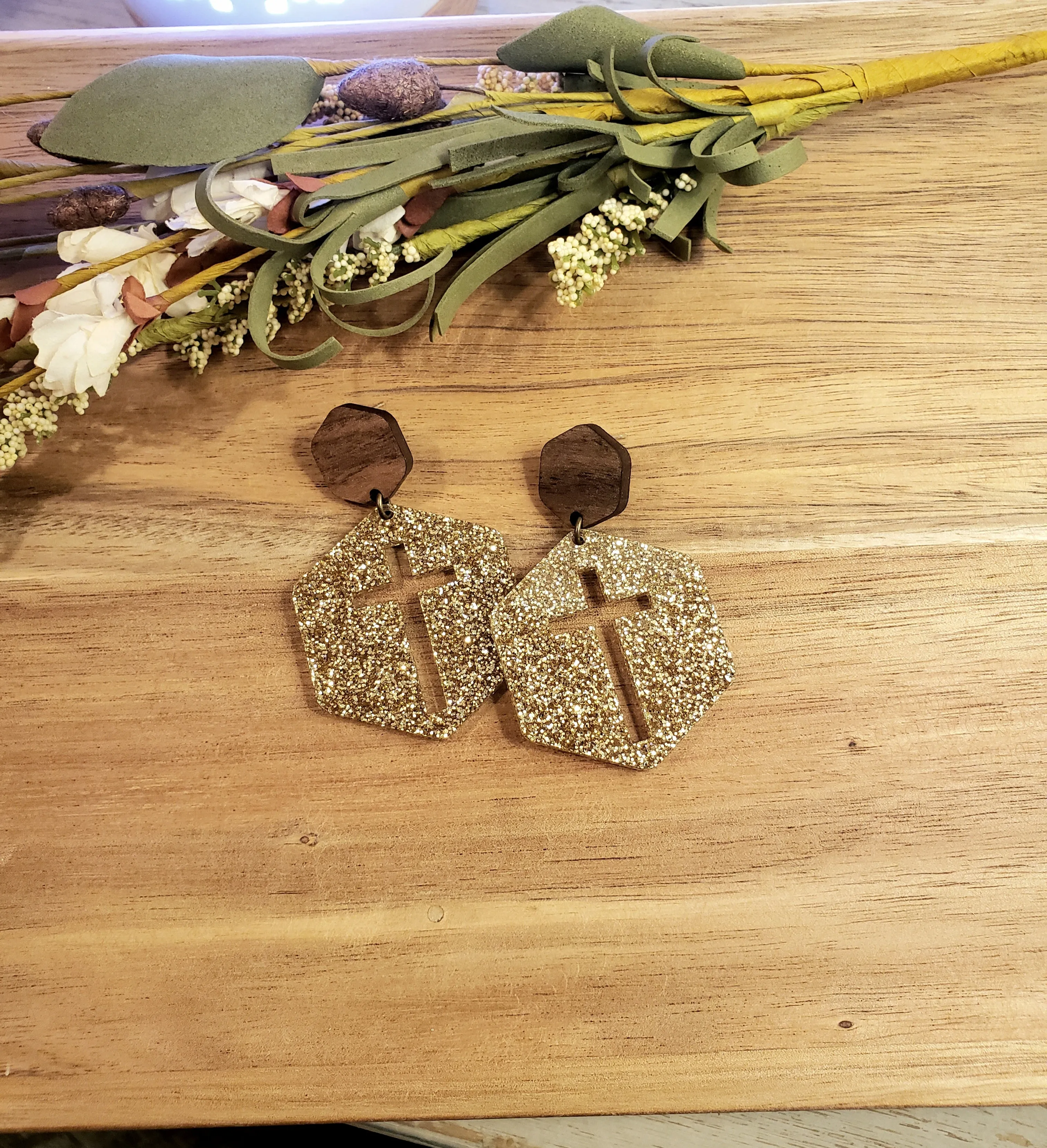 Hexagon Cross Earrings - Gold Glitter