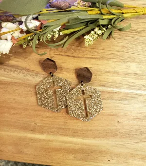 Hexagon Cross Earrings - Gold Glitter