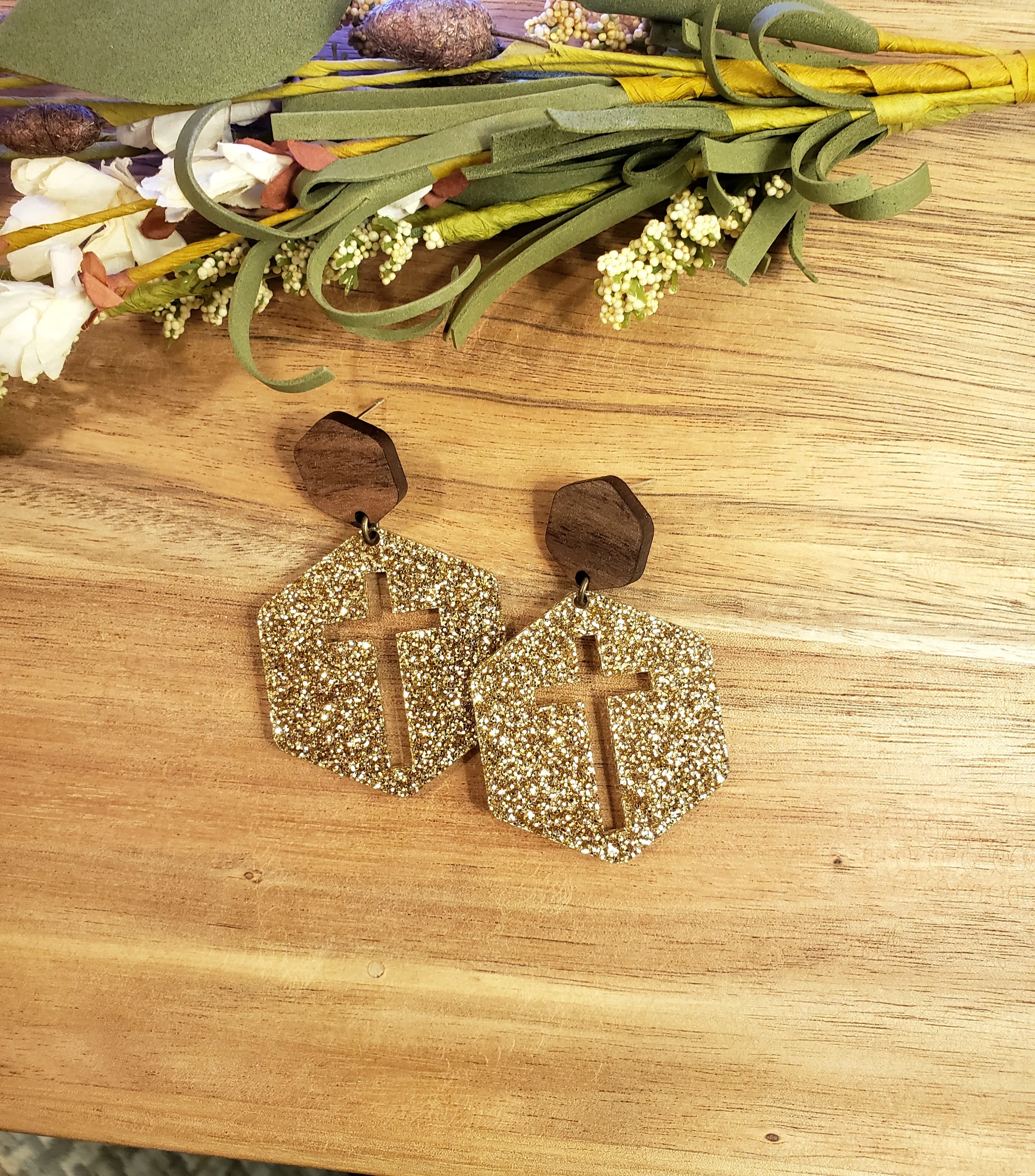 Hexagon Cross Earrings - Gold Glitter