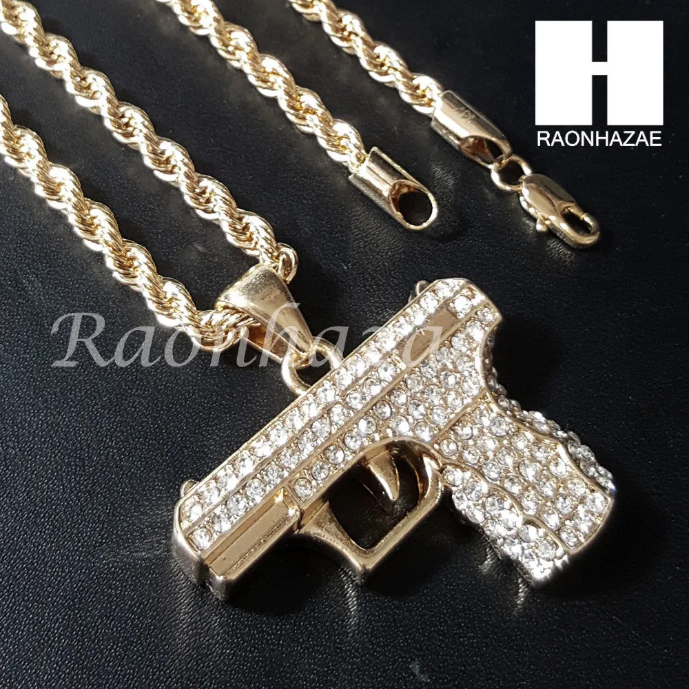 HIP HOP HAND GUN CHAIN DIAMOND CUT 30" CUBAN LINK CHAIN NECKLACE S078