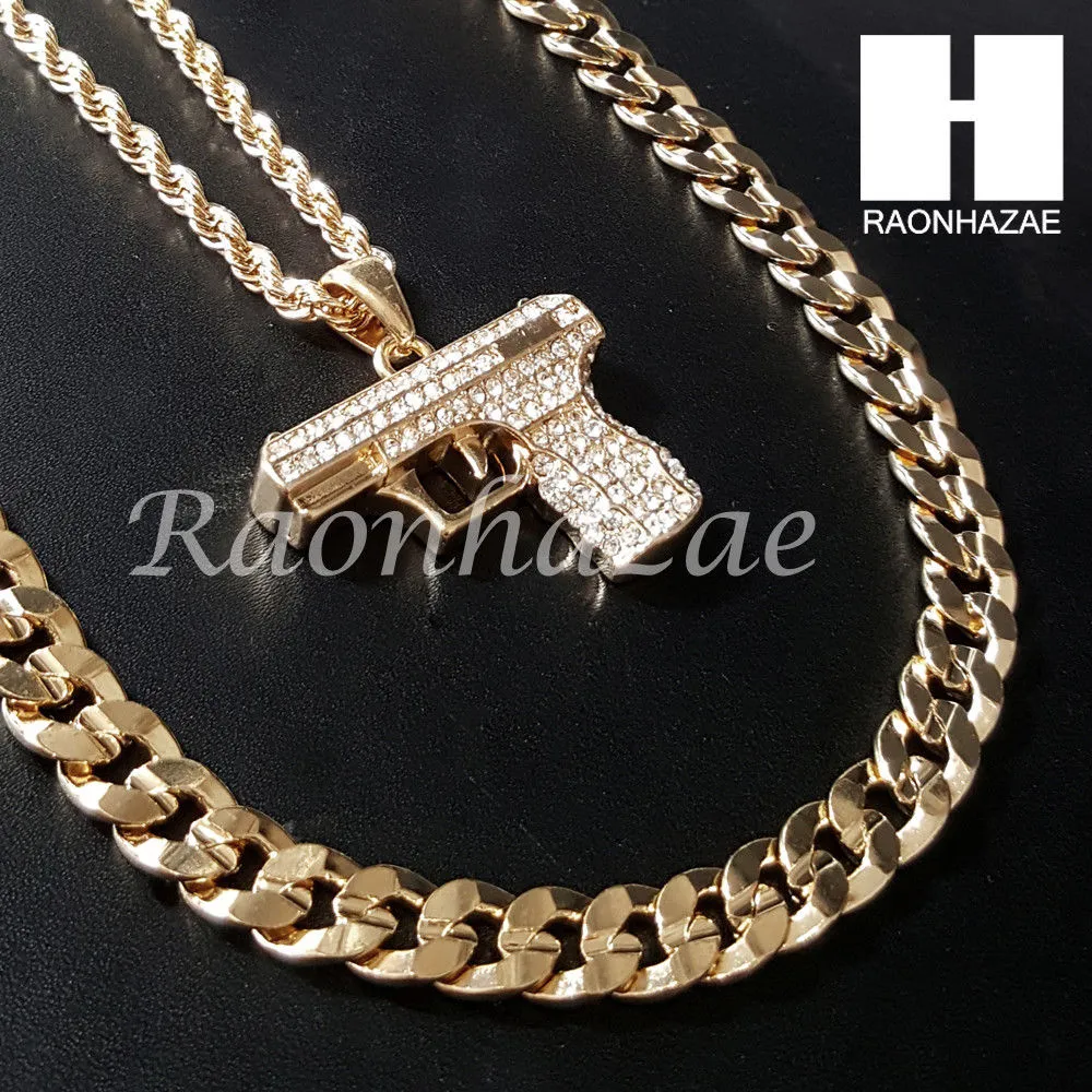 HIP HOP HAND GUN CHAIN DIAMOND CUT 30" CUBAN LINK CHAIN NECKLACE S078