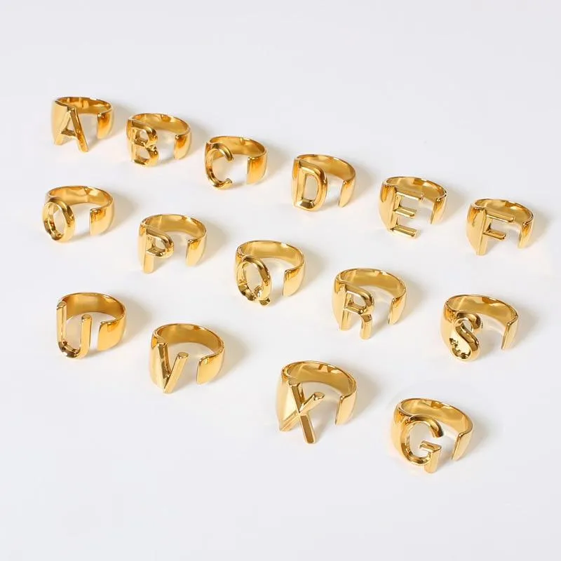 Hollow A-Z Letter Gold Color Metal Adjustable Opening Ring Initials Name Alphabet Female Party Chunky Wide Trendy Jewelry
