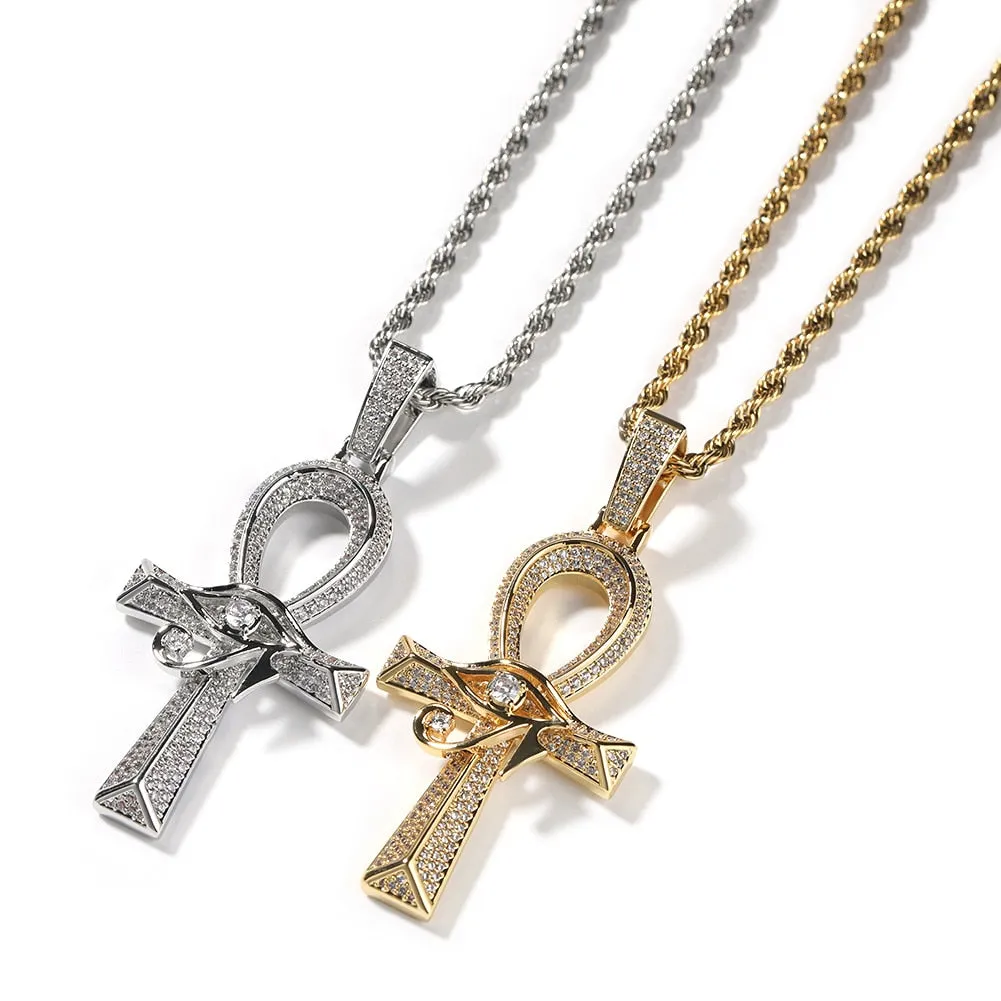 Iced Out Ankh Cross Pendant The Eye of Horus Stacked Charms for Men Women Cubic Zirconia Pendant Necklace Fashion Jewelry