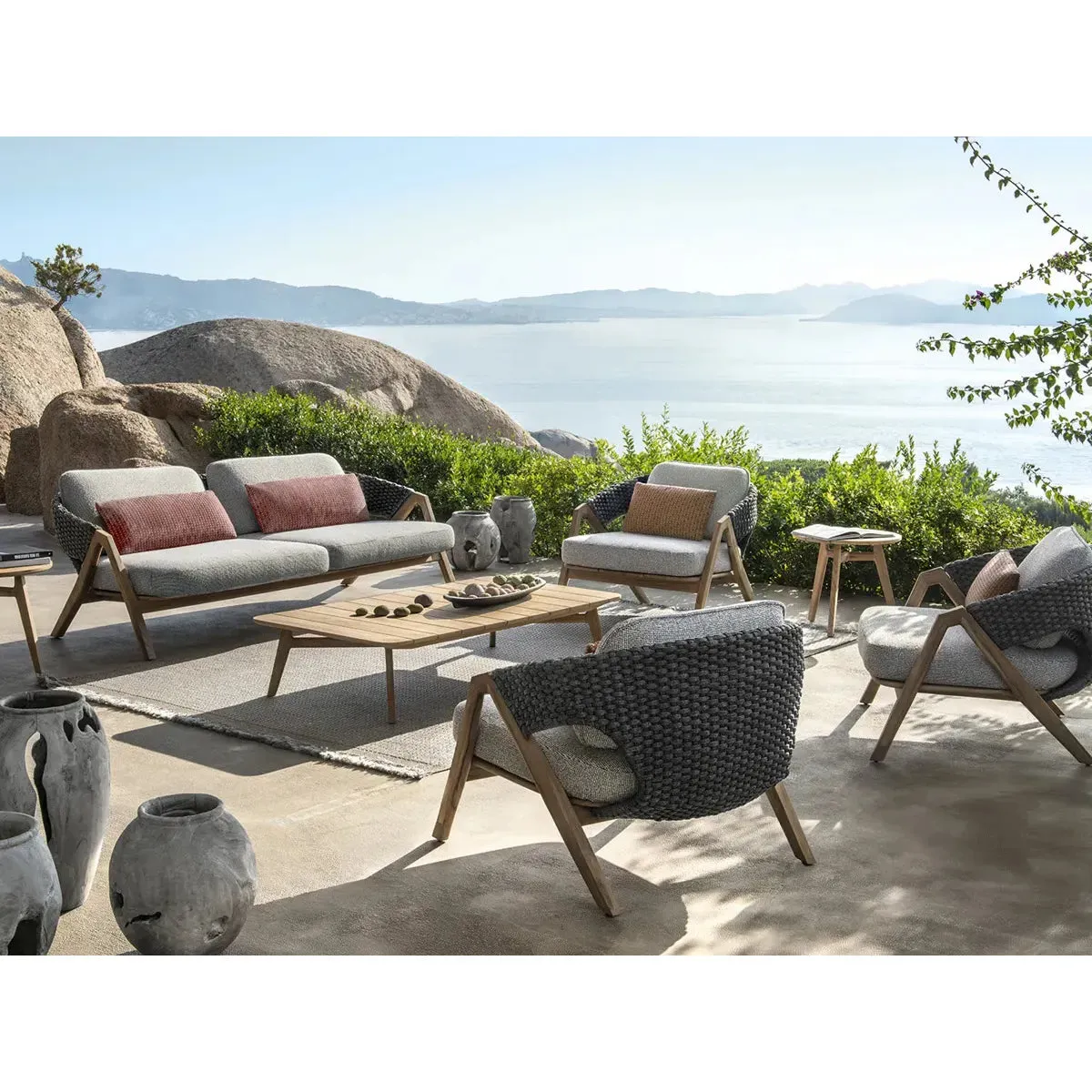 Knit lounge armchair with seat and back cushion