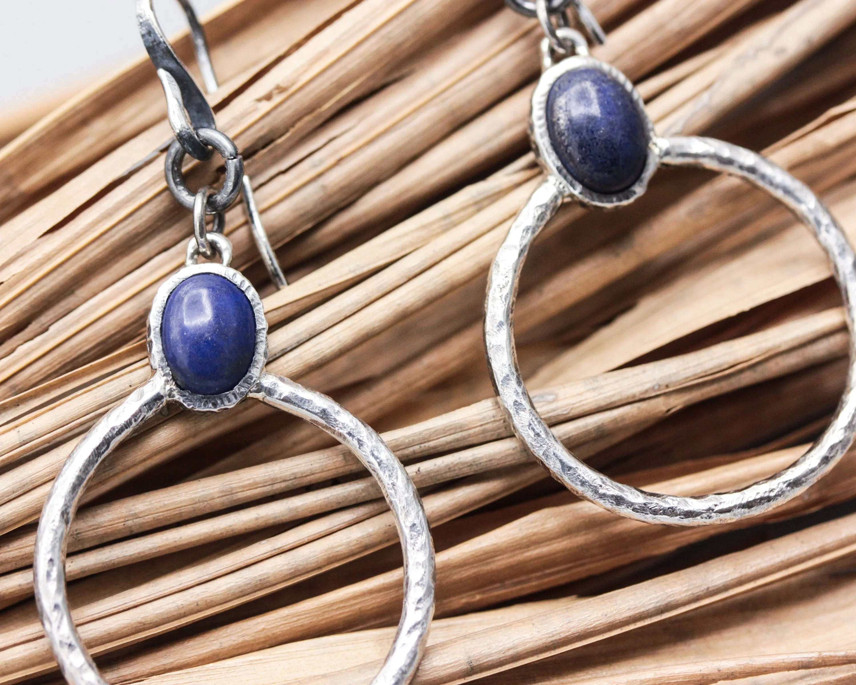 Lapis lazuli oval  earrings in silver bezel setting with silver hammered texture circle loop on hooks style(M)