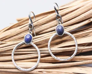 Lapis lazuli oval  earrings in silver bezel setting with silver hammered texture circle loop on hooks style(M)