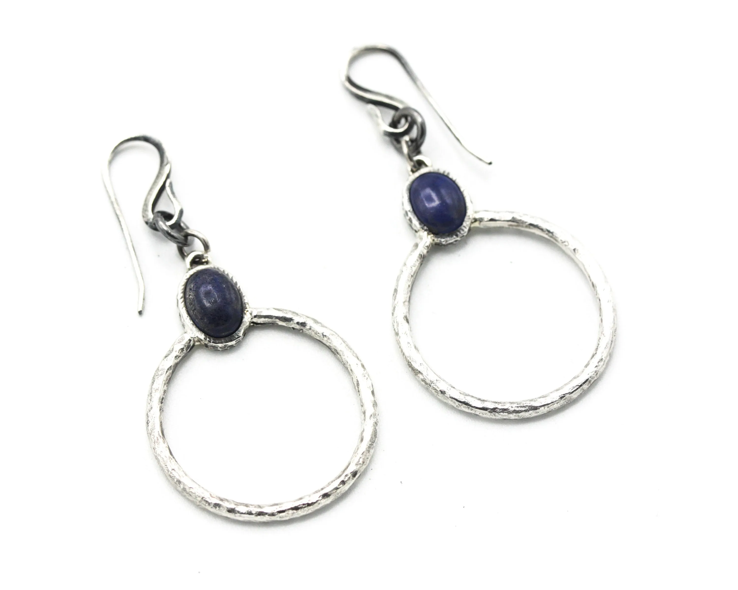 Lapis lazuli oval  earrings in silver bezel setting with silver hammered texture circle loop on hooks style(M)