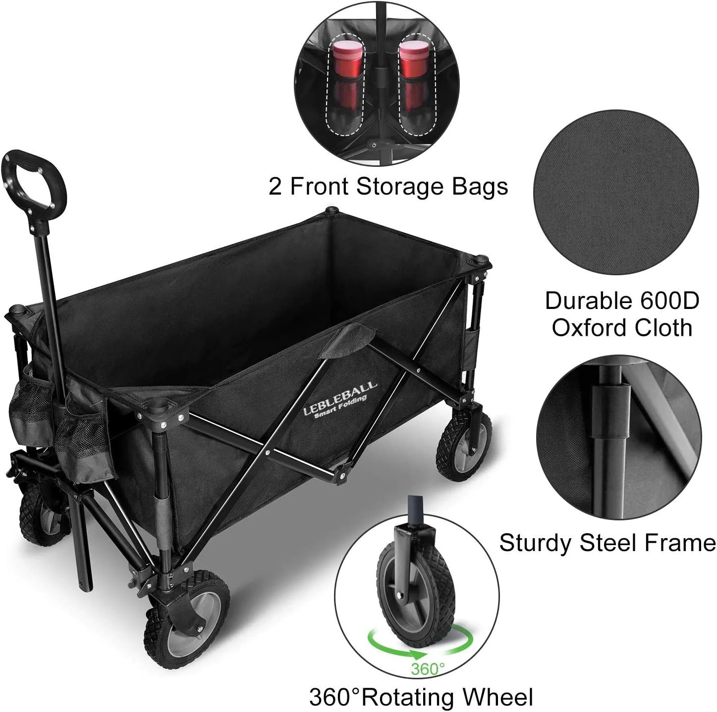 LEBLEBALL Folding Outdoor Collapsible Wagon Portable Heavy Duty Large Capacity Folding Utility Wagon All Terrain Wagon Cart with 2 Cup Holders and Big Brake Wheels - Orange