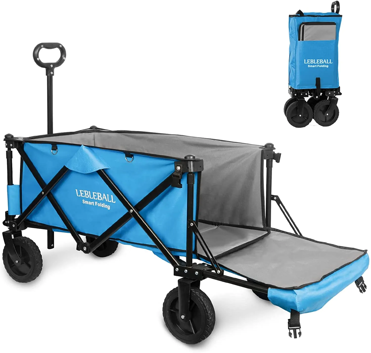 LEBLEBALL Folding Outdoor Collapsible Wagon Portable Heavy Duty Large Capacity Folding Utility Wagon All Terrain Wagon Cart with 2 Cup Holders and Big Brake Wheels - Orange
