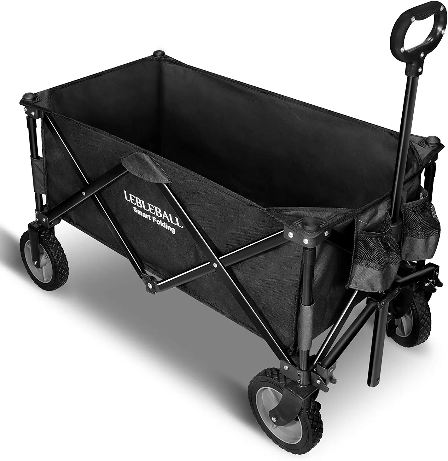 LEBLEBALL Folding Outdoor Collapsible Wagon Portable Heavy Duty Large Capacity Folding Utility Wagon All Terrain Wagon Cart with 2 Cup Holders and Big Brake Wheels - Orange