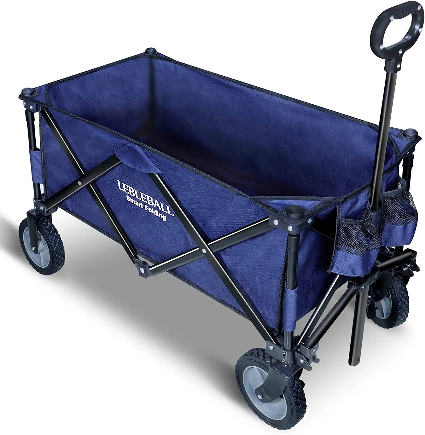 LEBLEBALL Folding Outdoor Collapsible Wagon Portable Heavy Duty Large Capacity Folding Utility Wagon All Terrain Wagon Cart with 2 Cup Holders and Big Brake Wheels - Orange