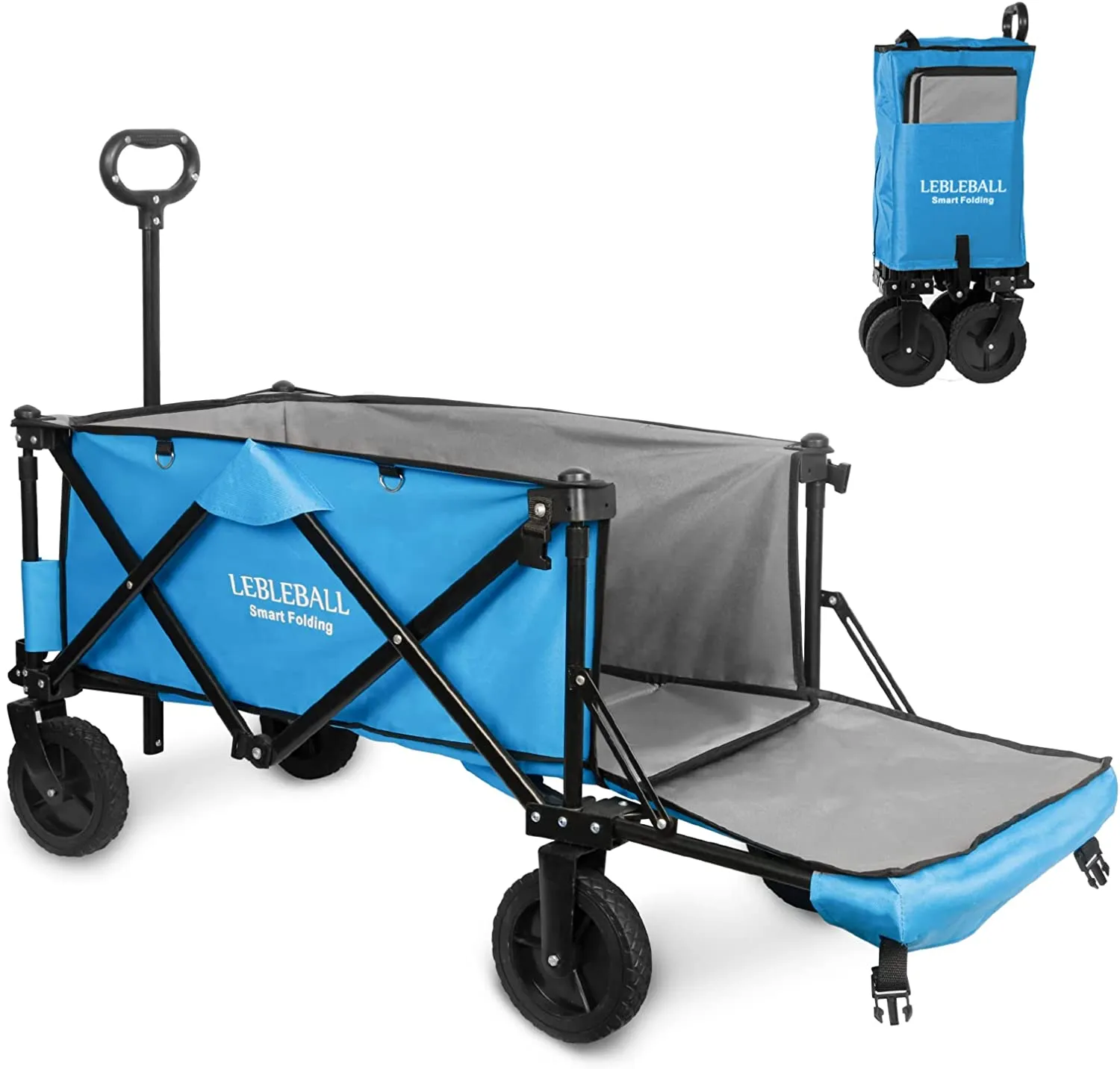 LEBLEBALL Folding Outdoor Collapsible Wagon Portable Heavy Duty Large Capacity Folding Utility Wagon All Terrain Wagon Cart with 2 Cup Holders and Big Brake Wheels - Orange