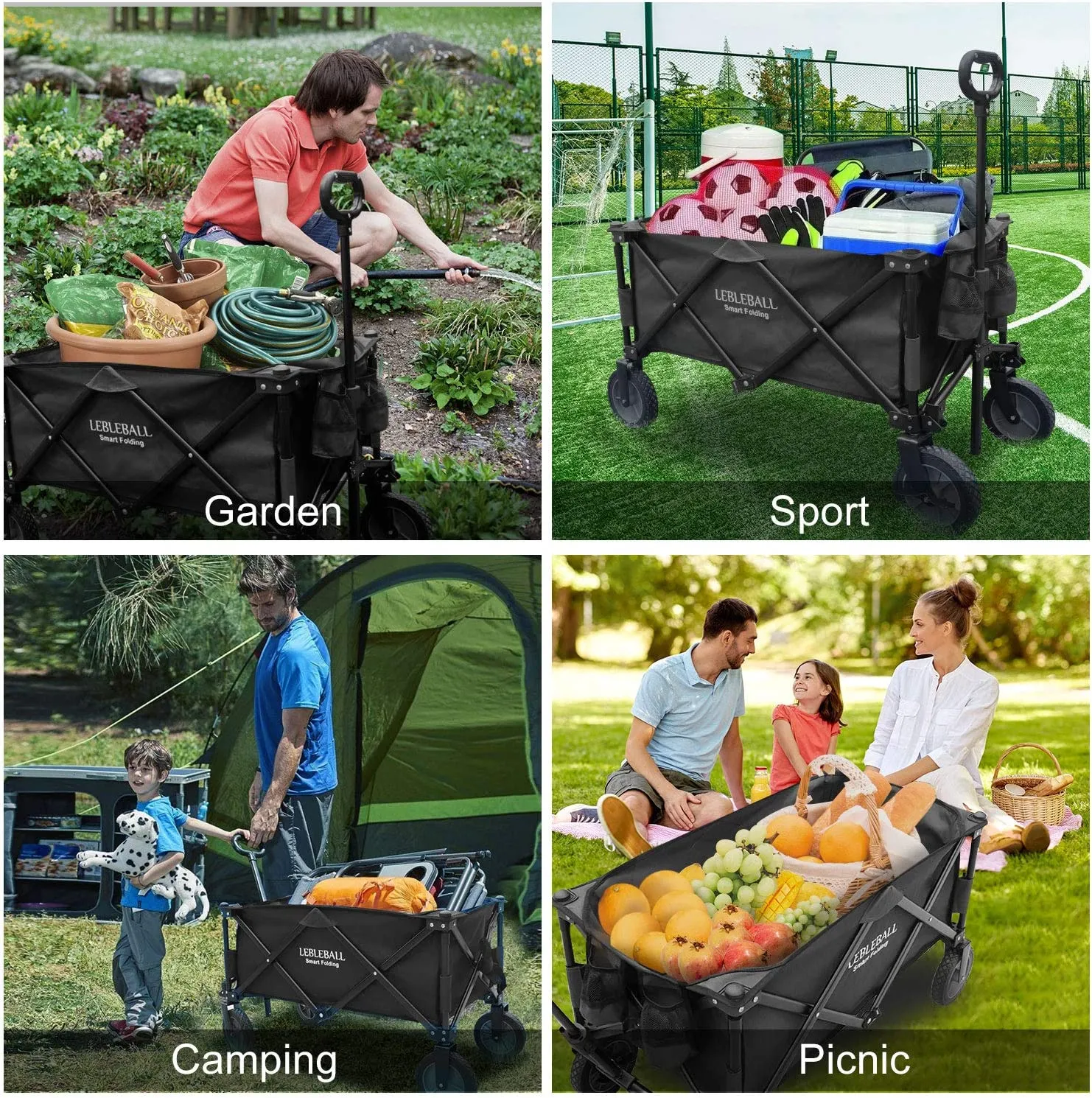 LEBLEBALL Folding Outdoor Collapsible Wagon Portable Heavy Duty Large Capacity Folding Utility Wagon All Terrain Wagon Cart with 2 Cup Holders and Big Brake Wheels - Orange