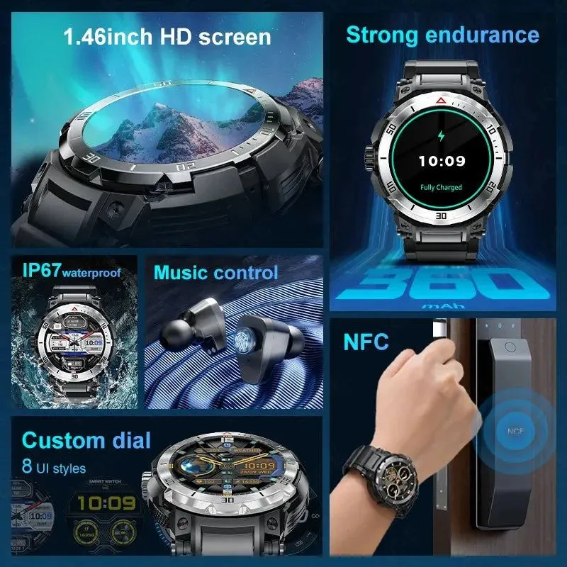 LIGE NFC Smartwatch Health Monitor Built in Bluetooth Headset Smart Watches TWS Music Talk Earbuds Waterproof Sports Men Watch