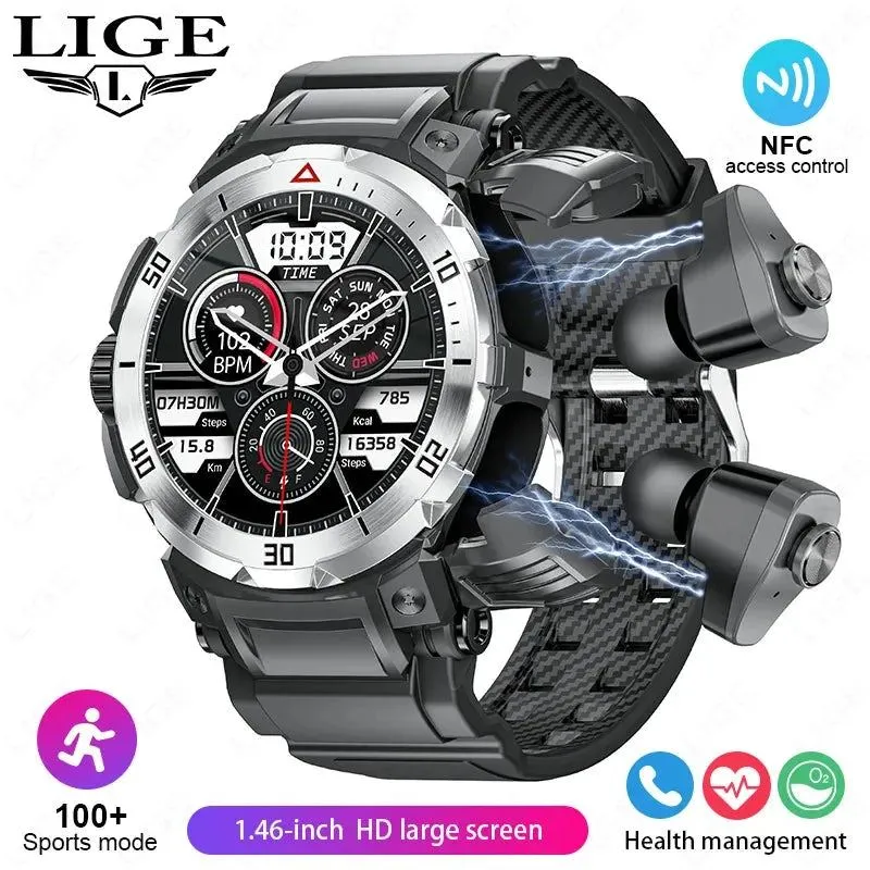 LIGE NFC Smartwatch Health Monitor Built in Bluetooth Headset Smart Watches TWS Music Talk Earbuds Waterproof Sports Men Watch