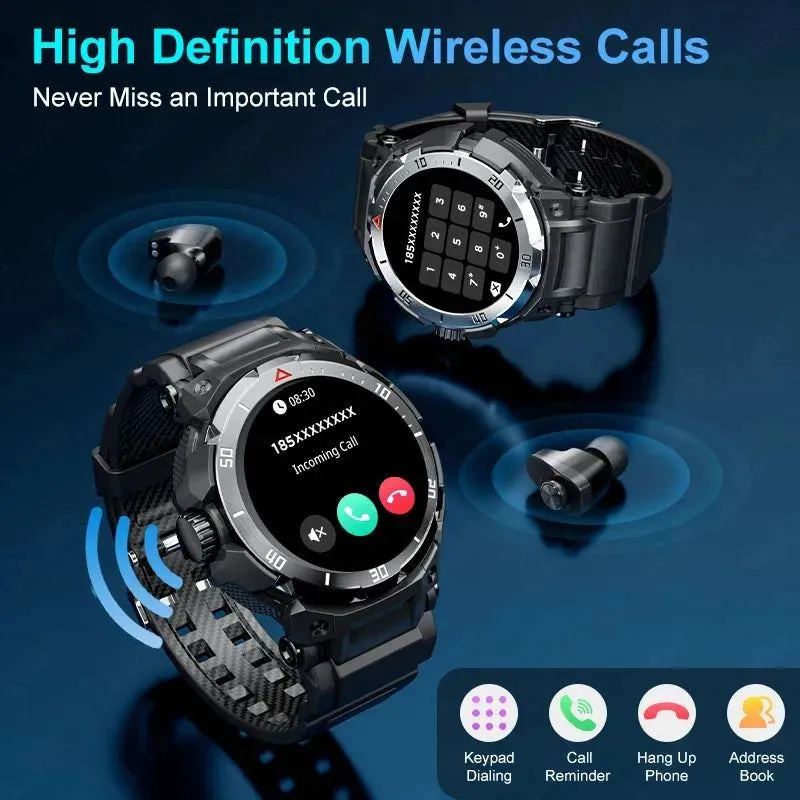 LIGE NFC Smartwatch Health Monitor Built in Bluetooth Headset Smart Watches TWS Music Talk Earbuds Waterproof Sports Men Watch