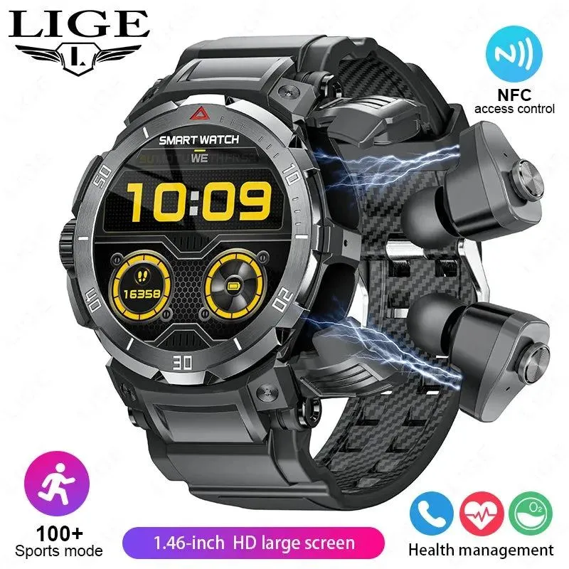 LIGE NFC Smartwatch Health Monitor Built in Bluetooth Headset Smart Watches TWS Music Talk Earbuds Waterproof Sports Men Watch