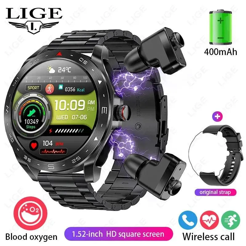 LIGE With Earbuds Bluetooth Headset Smartwatch Women Speaker Tracker Music Sport Watch Men Waterproof Smart Watch AMOLED Screen