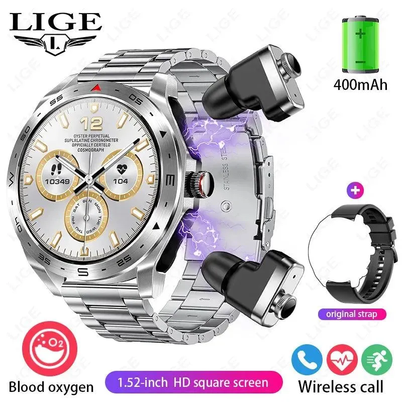 LIGE With Earbuds Bluetooth Headset Smartwatch Women Speaker Tracker Music Sport Watch Men Waterproof Smart Watch AMOLED Screen