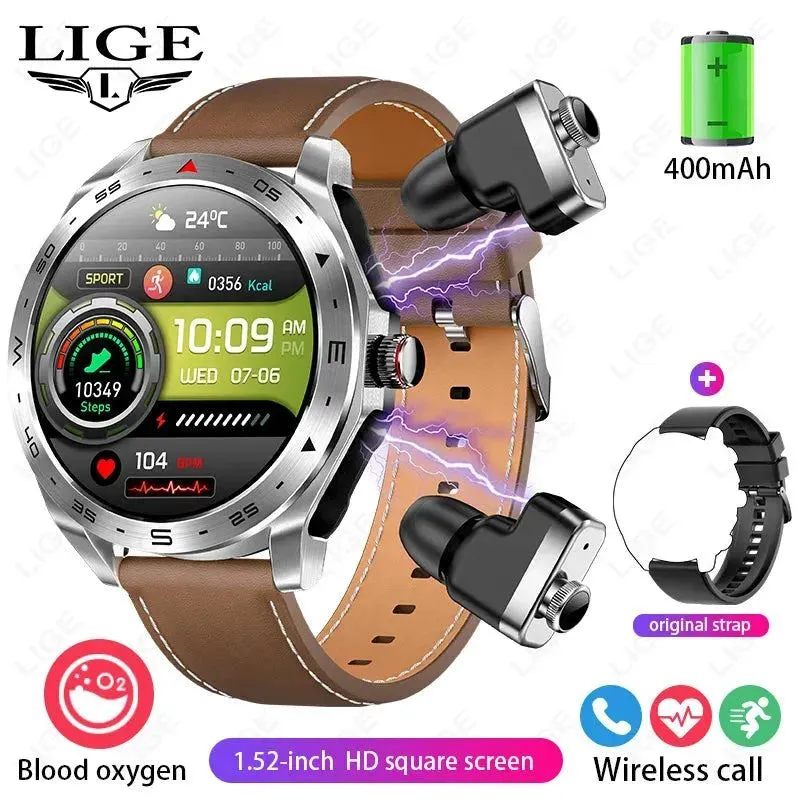 LIGE With Earbuds Bluetooth Headset Smartwatch Women Speaker Tracker Music Sport Watch Men Waterproof Smart Watch AMOLED Screen