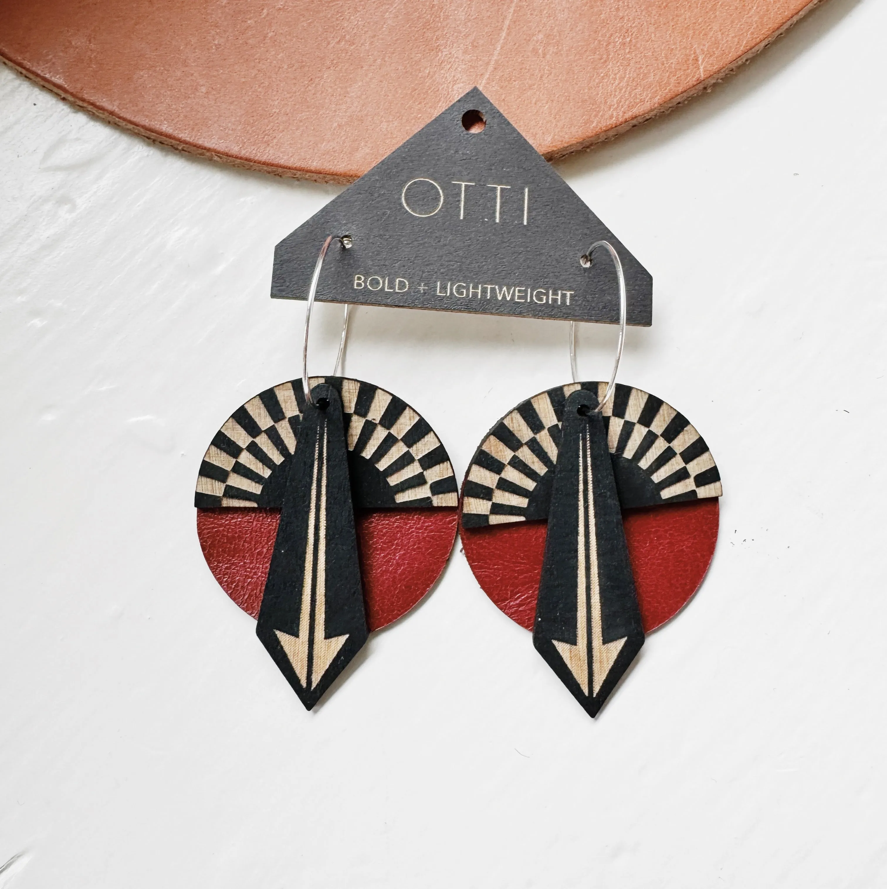 Lightweight leather   birch earrings: Deep Red Sunrise design