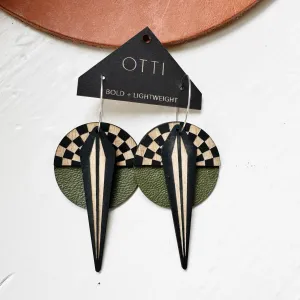 Lightweight leather   birch earrings: Olive Checkerboard design