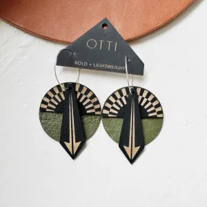 Lightweight leather   birch earrings: Olive Sunrise design look