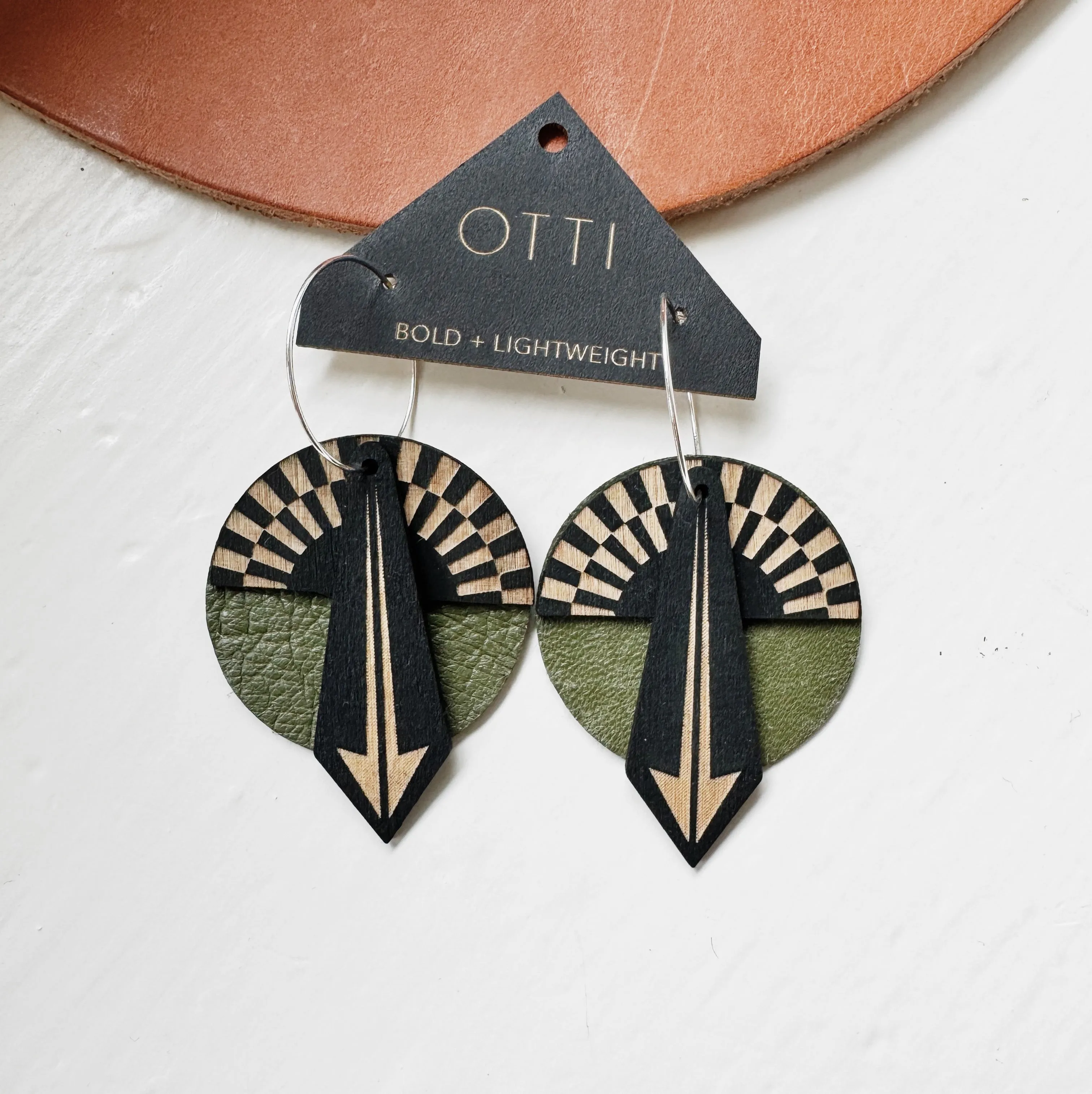 Lightweight leather   birch earrings: Olive Sunrise design look