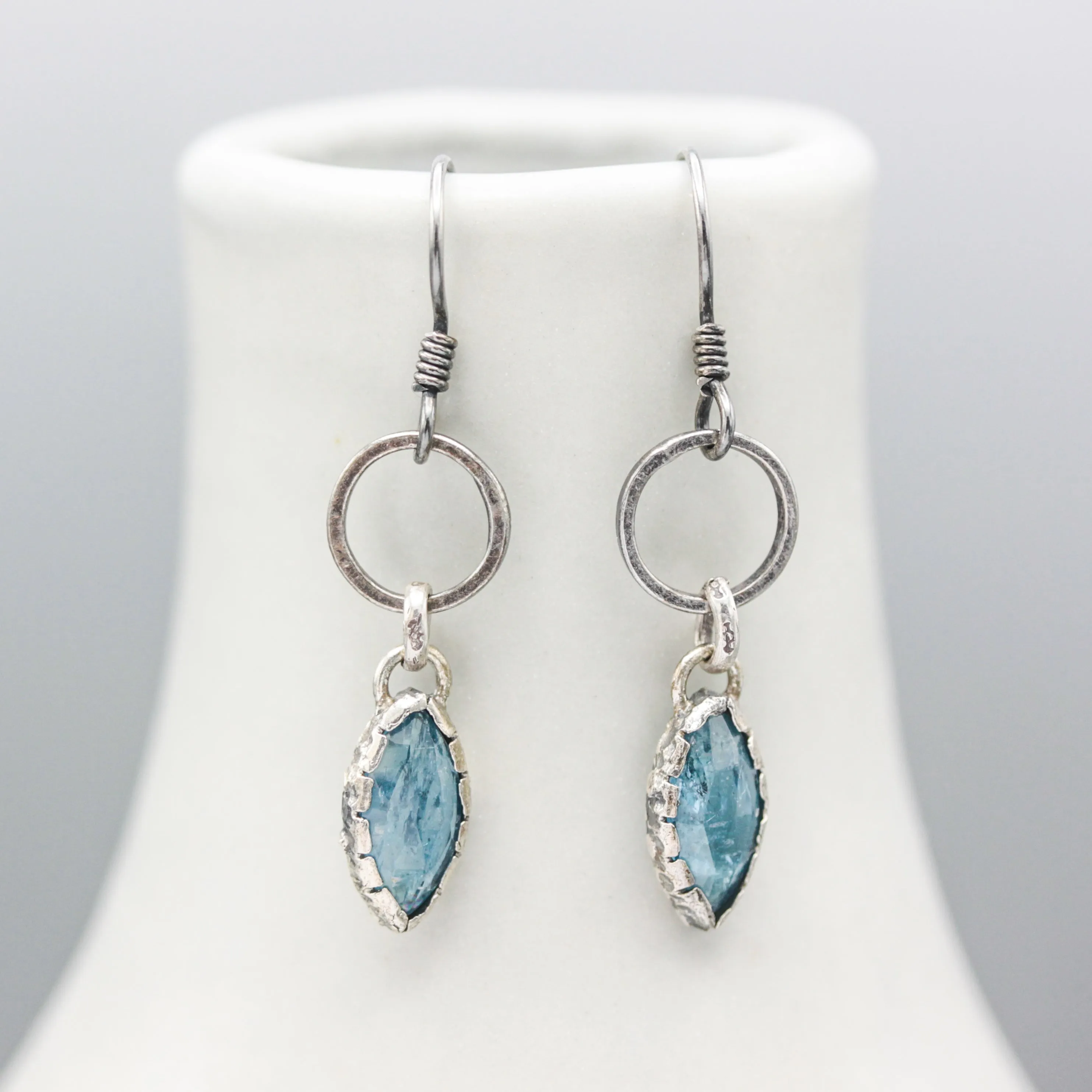 Marquise Blue kyanite earrings in silver bezel setting with silver circle loop on hooks style