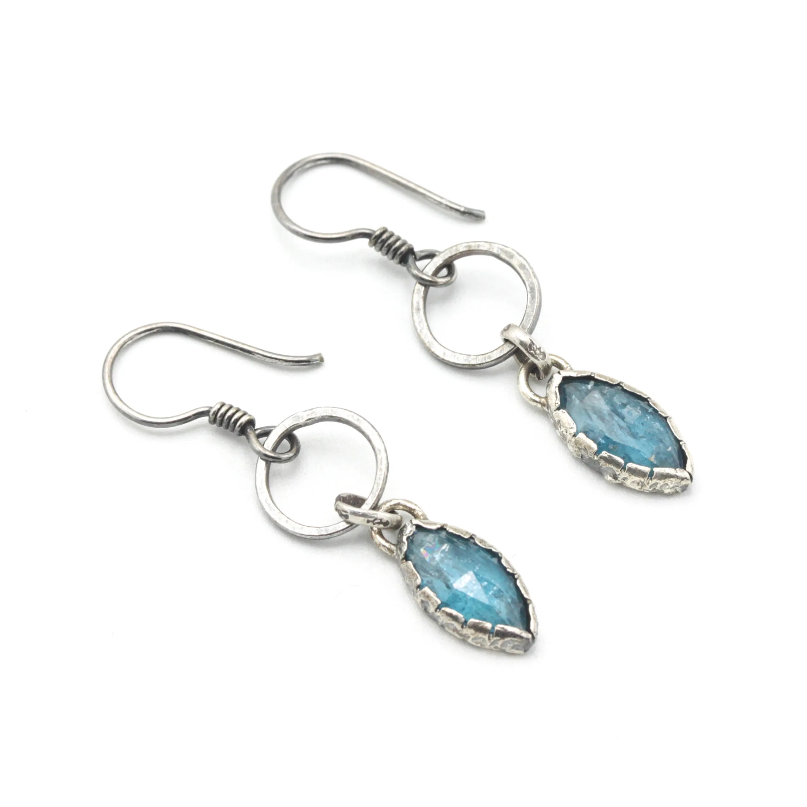 Marquise Blue kyanite earrings in silver bezel setting with silver circle loop on hooks style