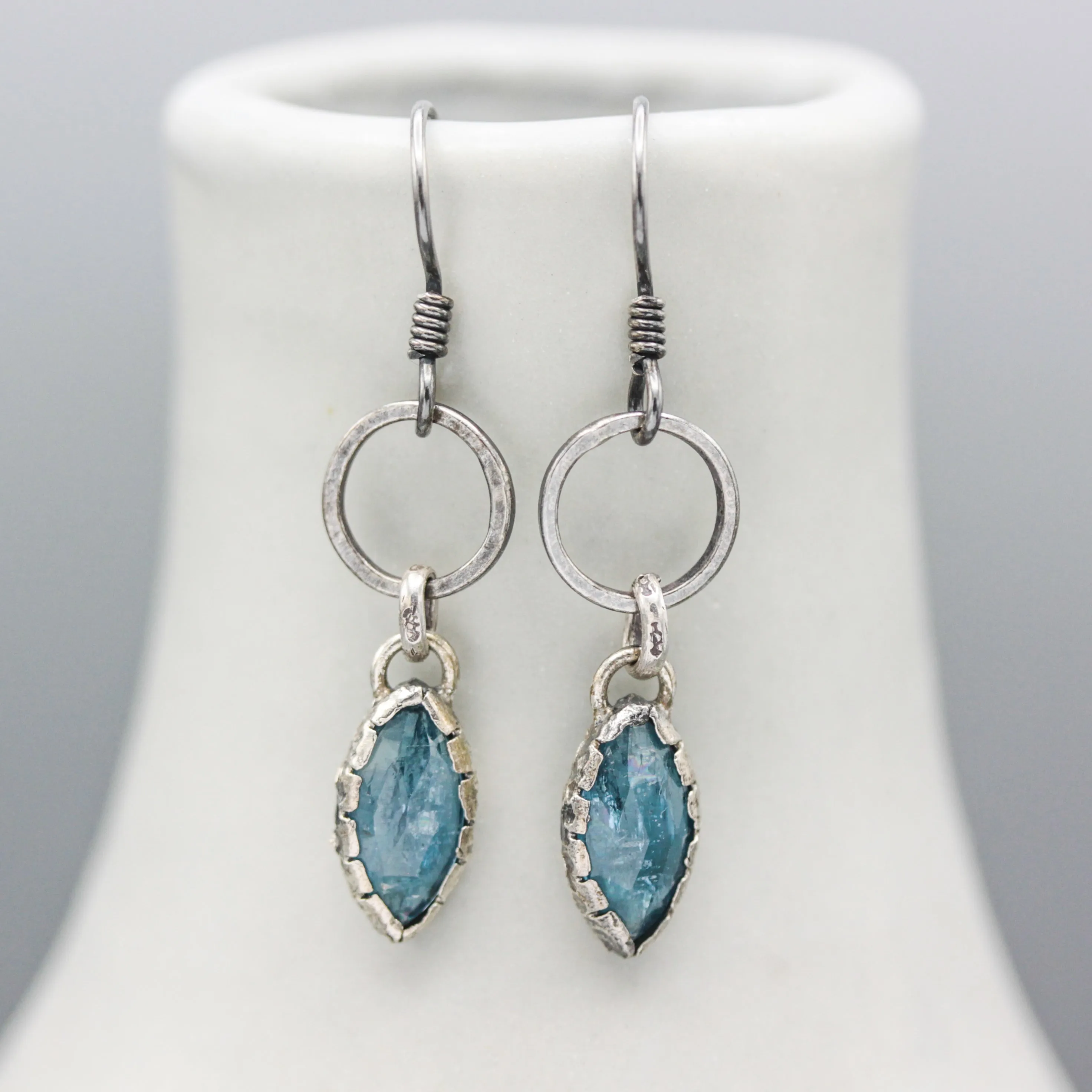 Marquise Blue kyanite earrings in silver bezel setting with silver circle loop on hooks style