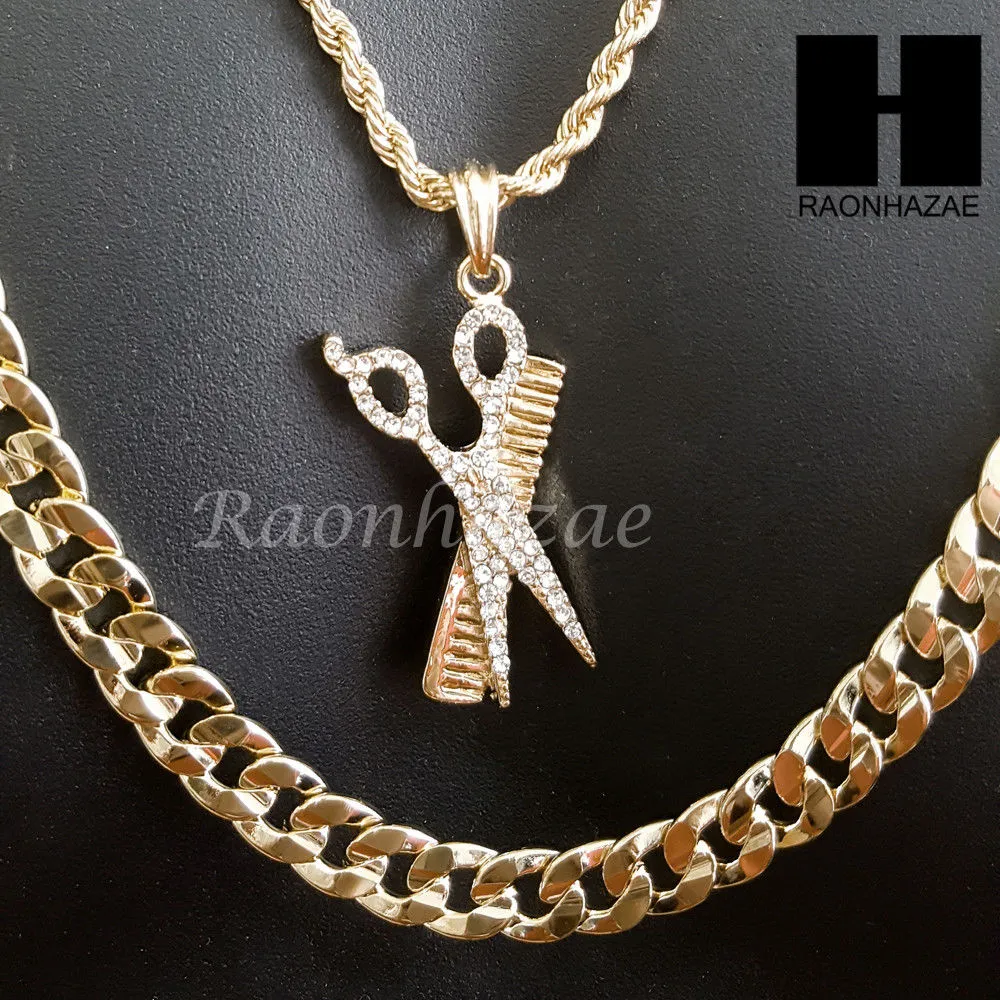 MEN BARBER SHOP COMB & SCISSORS CUT 30" CUBAN LINK CHAIN NECKLACE S077G