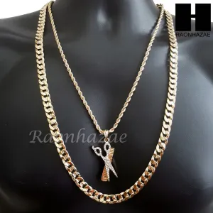 MEN BARBER SHOP COMB & SCISSORS CUT 30" CUBAN LINK CHAIN NECKLACE S077G