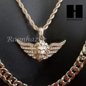 MEN GOLD MIGOS LION CROSS CHARM CUT 30" CUBAN LINK CHAIN NECKLACE S085G