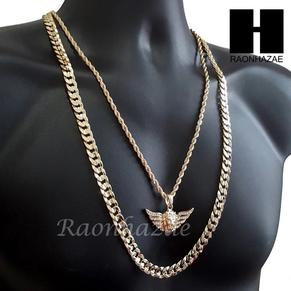 MEN GOLD MIGOS LION CROSS CHARM CUT 30" CUBAN LINK CHAIN NECKLACE S085G