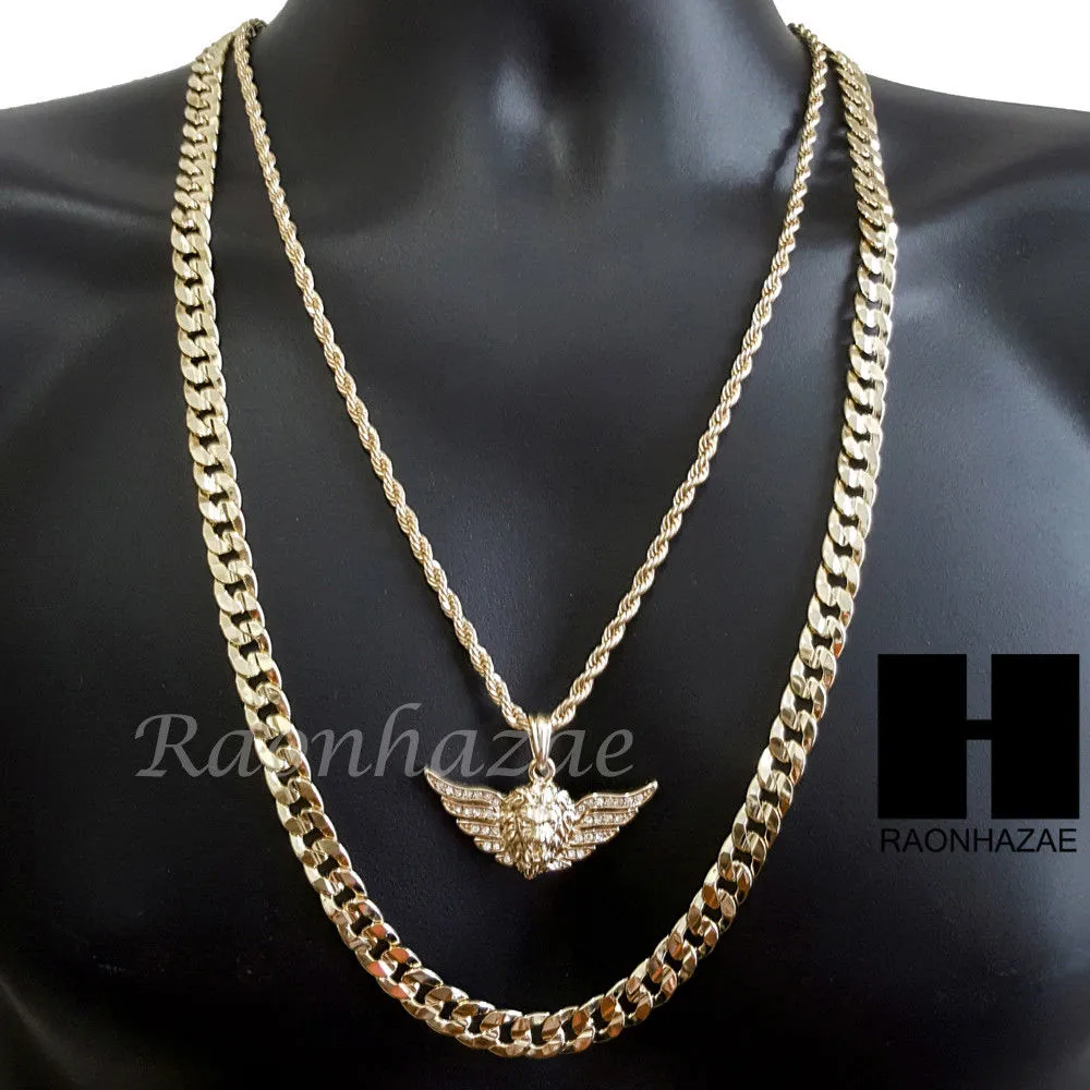 MEN GOLD MIGOS LION CROSS CHARM CUT 30" CUBAN LINK CHAIN NECKLACE S085G