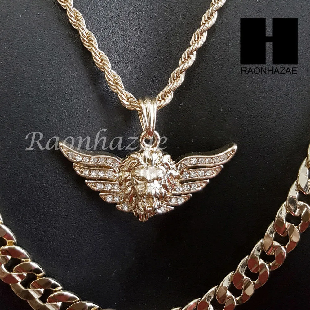 MEN GOLD MIGOS LION CROSS CHARM CUT 30" CUBAN LINK CHAIN NECKLACE S085G