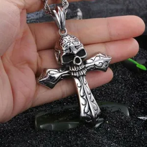Men's Gothic Skull Cross Pendant Rope Necklace