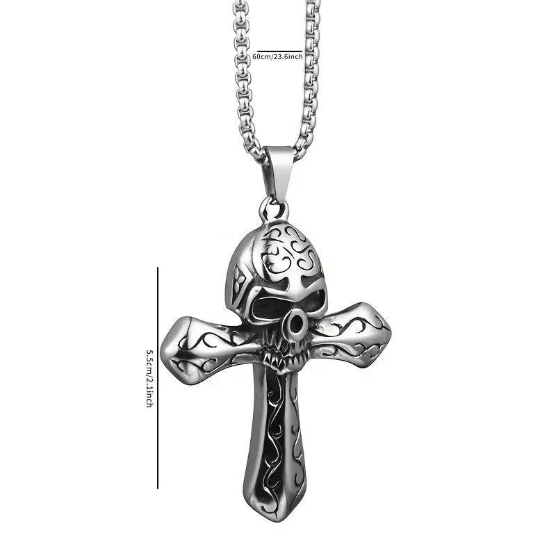 Men's Gothic Skull Cross Pendant Rope Necklace