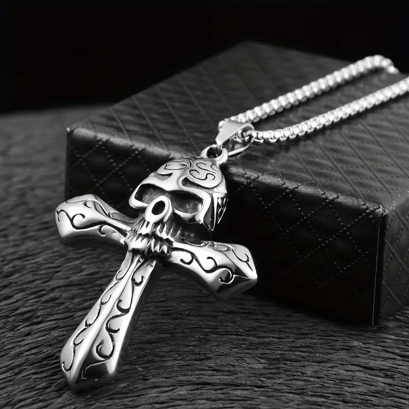 Men's Gothic Skull Cross Pendant Rope Necklace