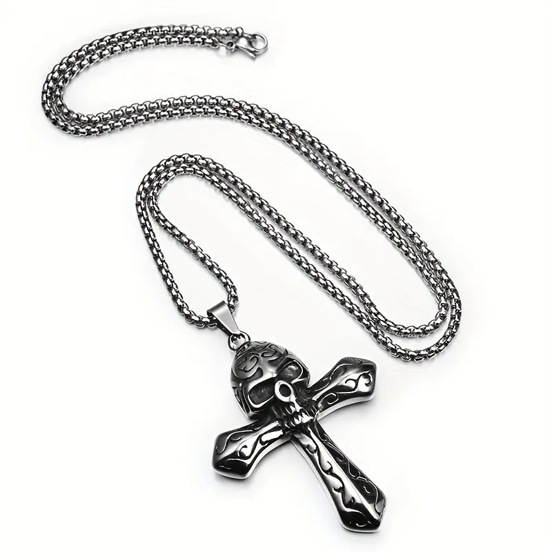 Men's Gothic Skull Cross Pendant Rope Necklace