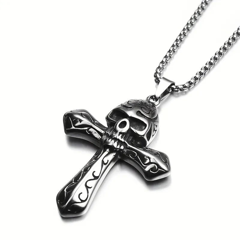 Men's Gothic Skull Cross Pendant Rope Necklace