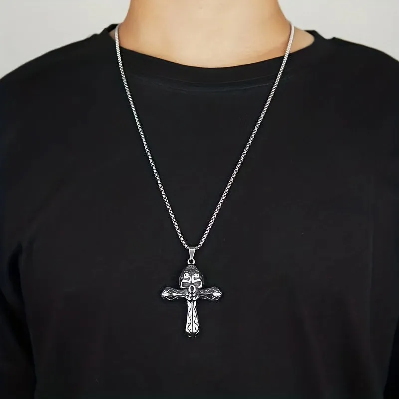 Men's Gothic Skull Cross Pendant Rope Necklace