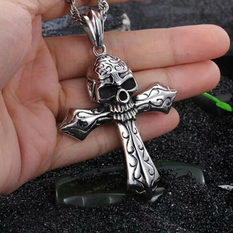 Men's Gothic Skull Cross Pendant Rope Necklace