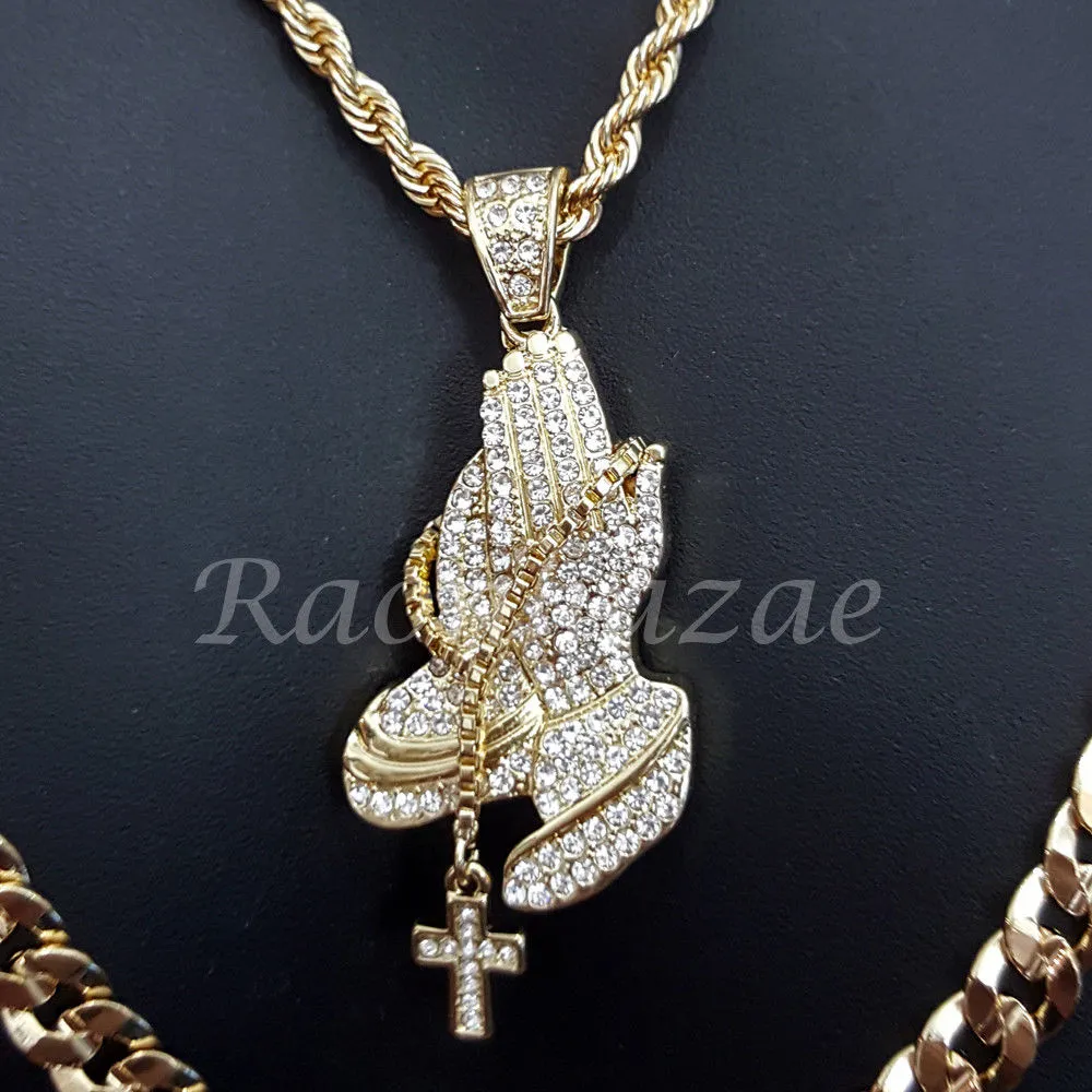 MENS PRAYING HANDS CHARM ROPE CHAIN DIAMOND CUT 30" CUBAN CHAIN NECKLACE SET G43