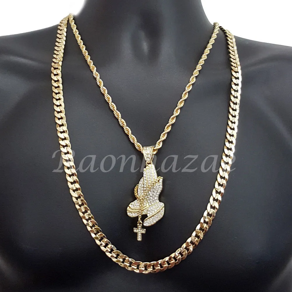 MENS PRAYING HANDS CHARM ROPE CHAIN DIAMOND CUT 30" CUBAN CHAIN NECKLACE SET G43