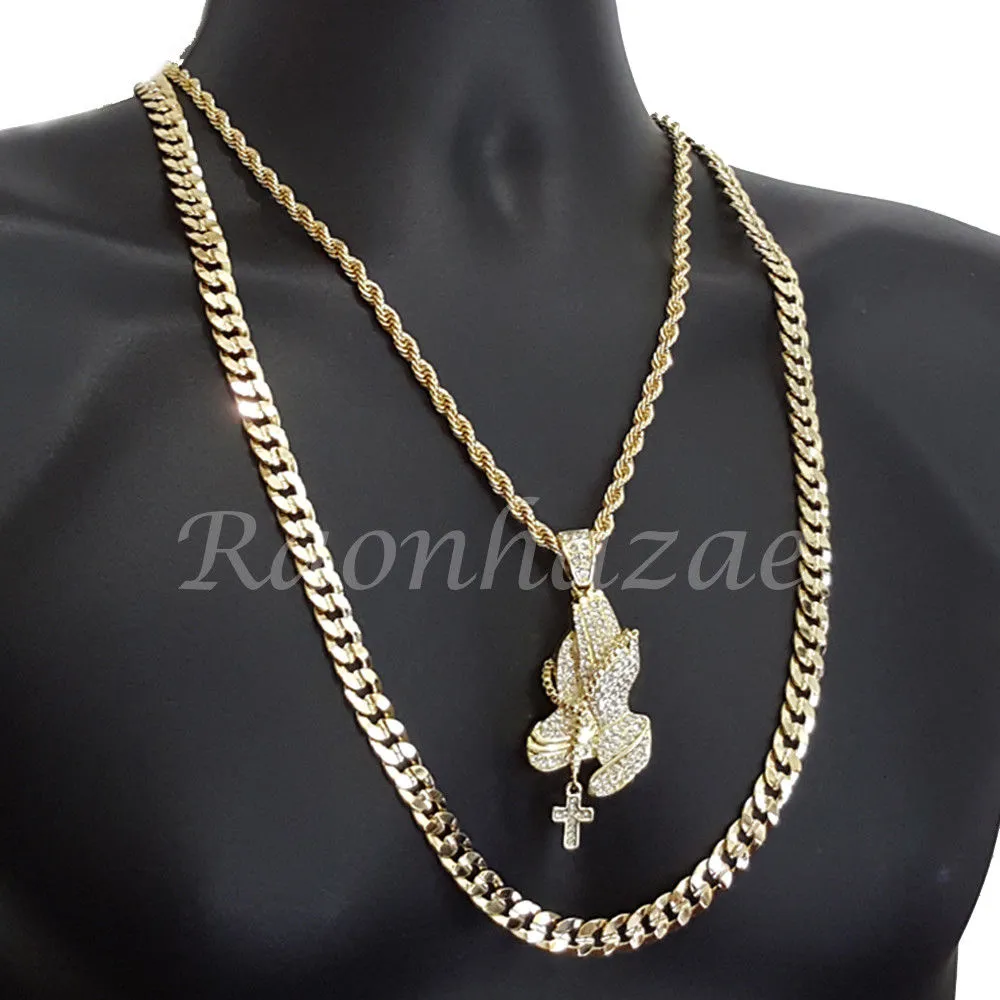MENS PRAYING HANDS CHARM ROPE CHAIN DIAMOND CUT 30" CUBAN CHAIN NECKLACE SET G43