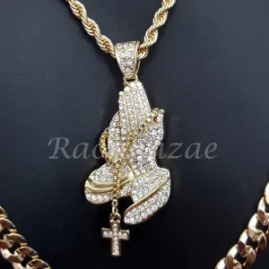 MENS PRAYING HANDS CHARM ROPE CHAIN DIAMOND CUT 30" CUBAN CHAIN NECKLACE SET G43
